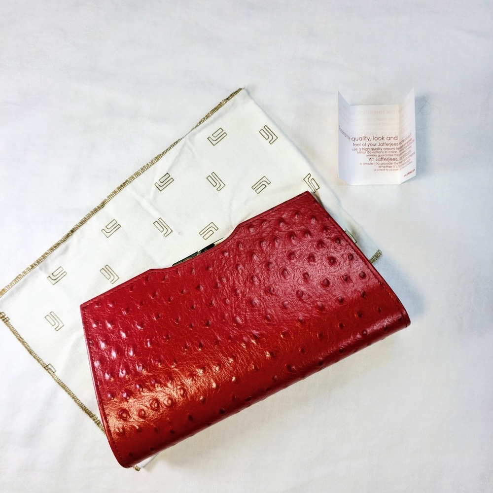 Jafferjes Red Leather (Ostrich Motif) 10" Clutch with Brass Twist Clasp - NWT